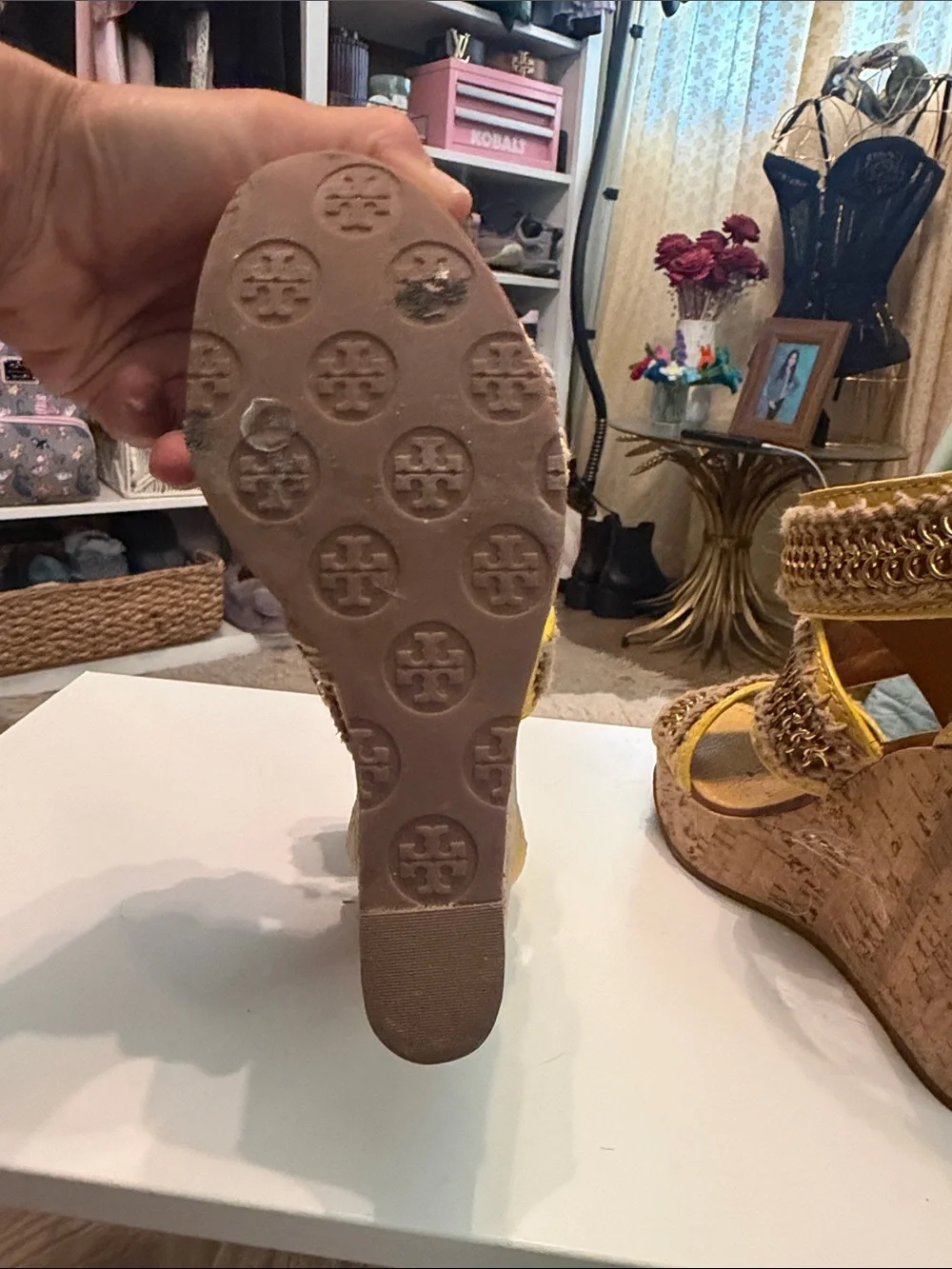 Tory Burch Yellow Wedge Sandals with Jute and Gold Chain Trim